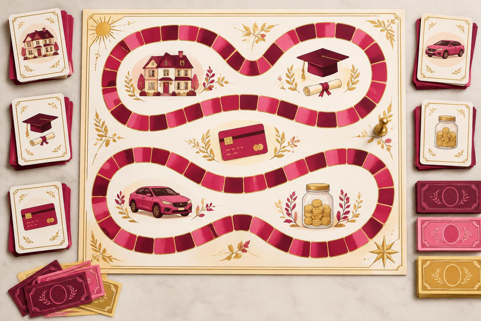 Illustrated Money Moves board with a path between home, education, credit, transport and savings